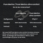 Eine Vergleichstabelle von Nexurals „Pure Merino“ und „PURE MERINO Langarmshirt ultra comfort“ zeigt die Gewichte (160 g/m² vs. 185 g/m²), beide aus 100 % Merinowolle, mit einer Feinheit von 17,5 µ vs. 16,5 µ, wobei letzteres als dicker und feiner mit überlegener Merinoqualität hervorgehoben wird.